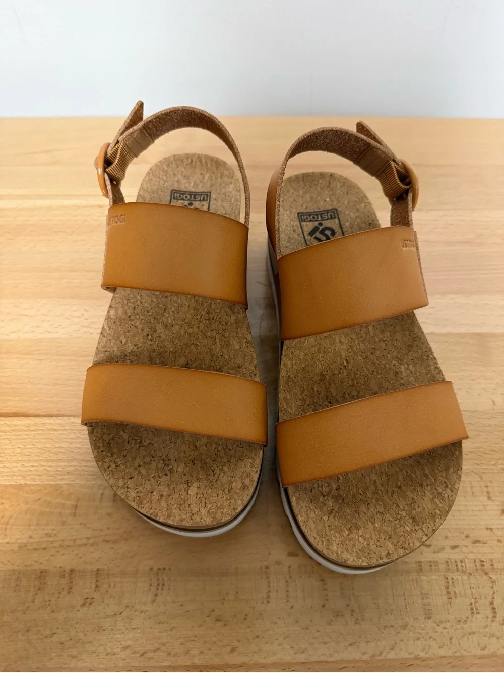 Women’s Tan Faux Leather Cork Sandals - Adjustable Buckle, size 6
